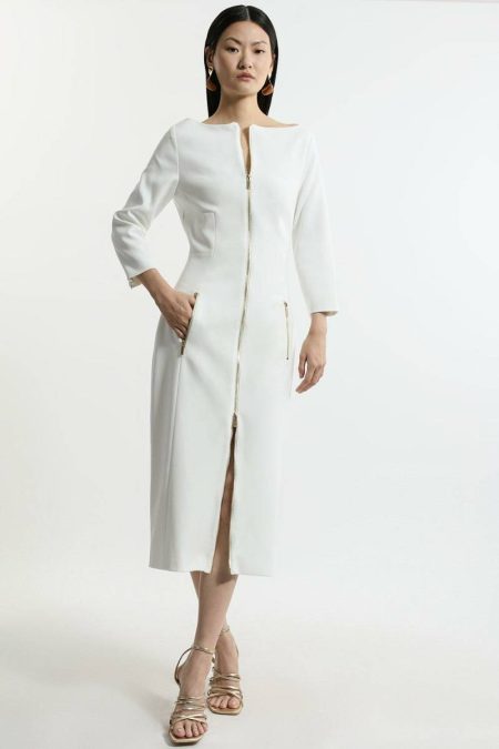 Tailoring Ivory Women Compact Stretch Tailored Long Sleeve Zip Through Maxi Dress Karen Millen