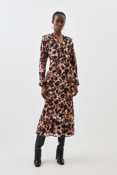 Tailoring Karen Millen Animal Tall Blurred Animal Pleated Georgette Woven Maxi Dress Women