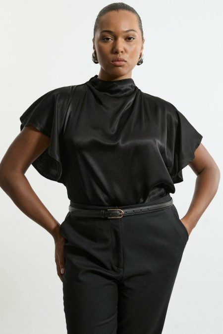 Tailoring Karen Millen Black Plus Size Viscose Satin High Neck Woven Blouse Women