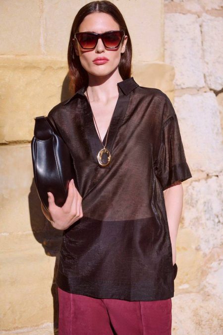 Tailoring Karen Millen Black Short Sleeve Boxy Slub Woven Shirt Women