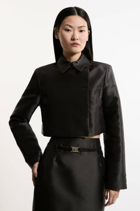 Tailoring Karen Millen Black The Founder Satin Twill Cropped Wrap Tailored Jacket Women