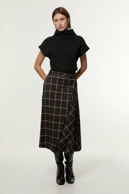 Tailoring Karen Millen Brown Check Pleated Kilt Belted Midi Skirt Women