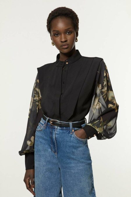 Tailoring Karen Millen Crinkle Floral Balloon Sleeve High Neck Woven Shirt Floral Women