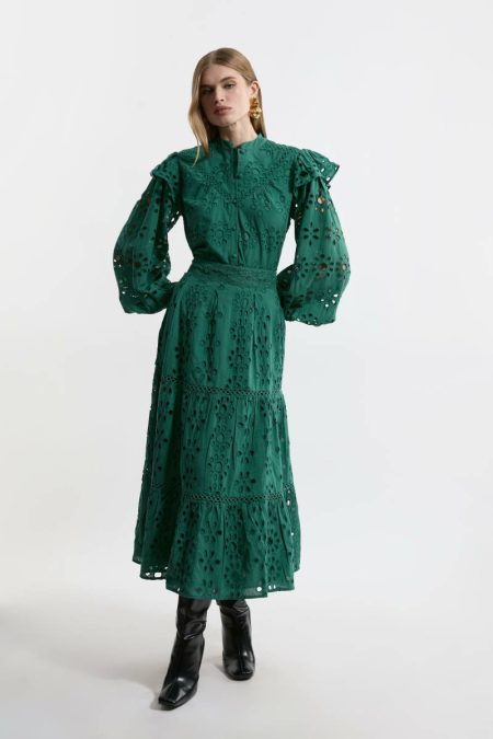 Tailoring Karen Millen Eyelet Woven Midi Skirt With Guipure Trim Women Green