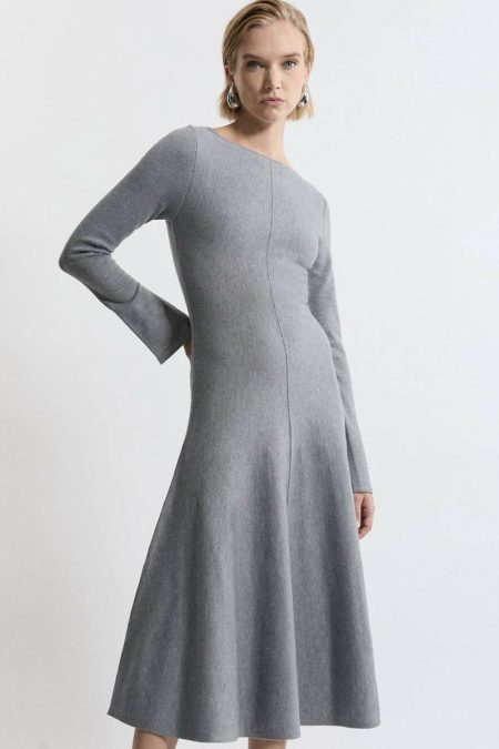 Tailoring Karen Millen Grey Marl Women Lydia Millen Petite Compact Knit Wool Look Full Skirt Midi Dress