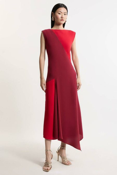 Tailoring Karen Millen Red Soft Tailored Color Block Midi Dress Women