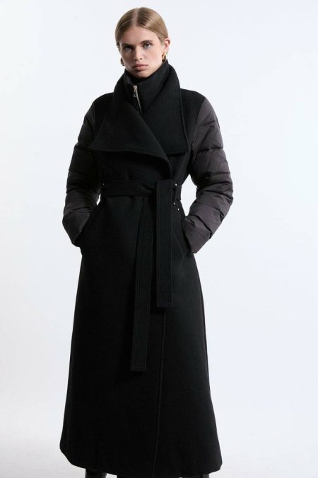 Tailoring Karen Millen Tall Wool Blend Hybrid Puffer Belted Midi Coat Black Women