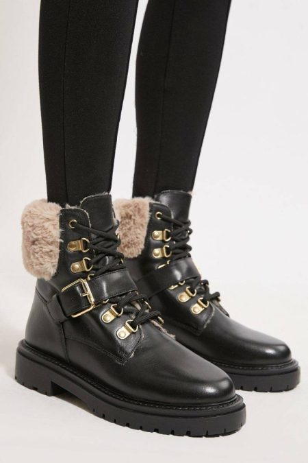 Tailoring Karen Millen Tan Women Leather Fur Lined Chunky Lace Up Worker Boot