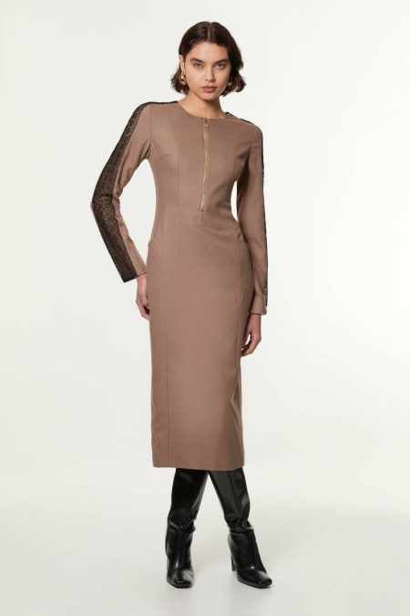 Tailoring Karen Millen Taupe Petite Tailored Twill Lace Mix Zip Front Midi Dress Women