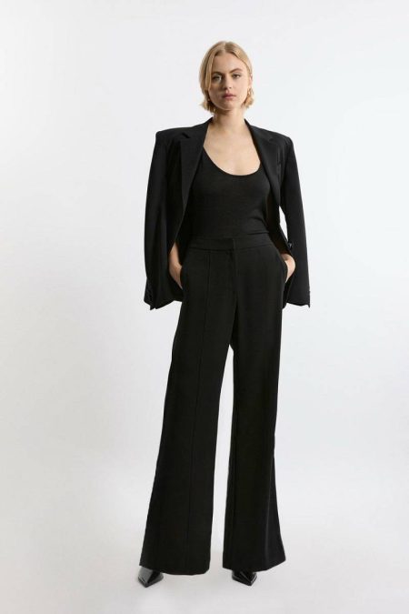 Tailoring Karen Millen Women Black Petite Tailored Crepe Seam Detail Straight Leg Pants