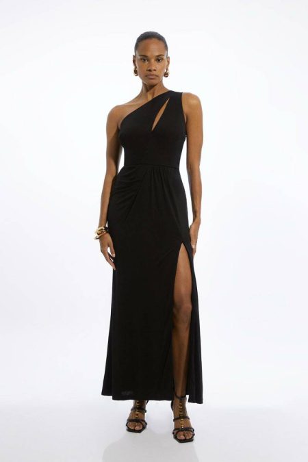 Tailoring Karen Millen Women Black Premium Viscose Jersey Bandeau Split Maxi Dress