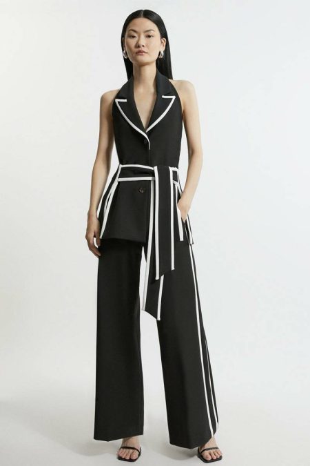 Tailoring Karen Millen Women Compact Stretch Contrast Tipped Belted Wide Leg Tailored Jumpsuit Stone