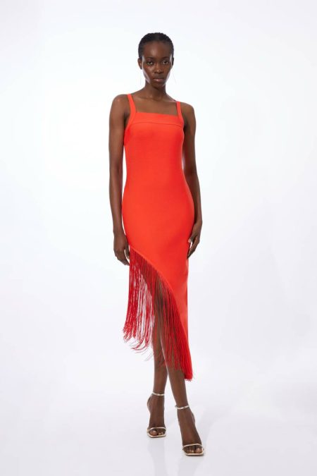 Tailoring Karen Millen Women Figure Form Bandage Asymmetric Fringe Hem Knit Dress Cobalt
