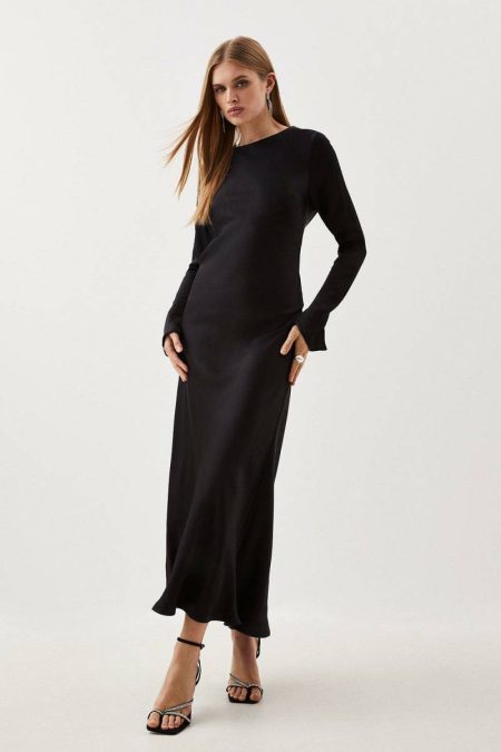 Tailoring Karen Millen Women Floral Petite Viscose Satin Long Sleeve Bias Cut Woven Midi Dress