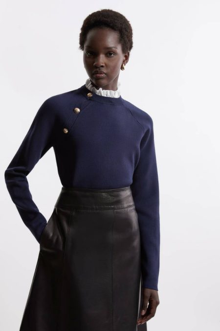 Tailoring Karen Millen Women Navy Milano Knit Removable Woven Collar Top