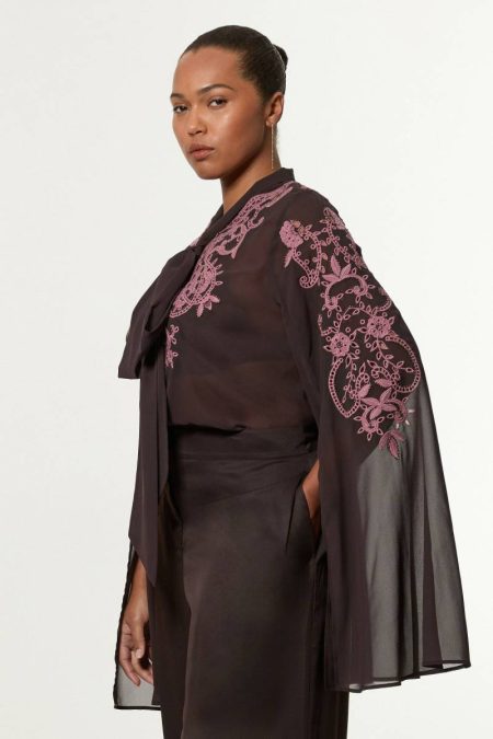 Tailoring Karen Millen Women Plus Size Cutwork And Beaded Georgette Tie Neck Woven Blouse With Drama Sleeve Chocolate