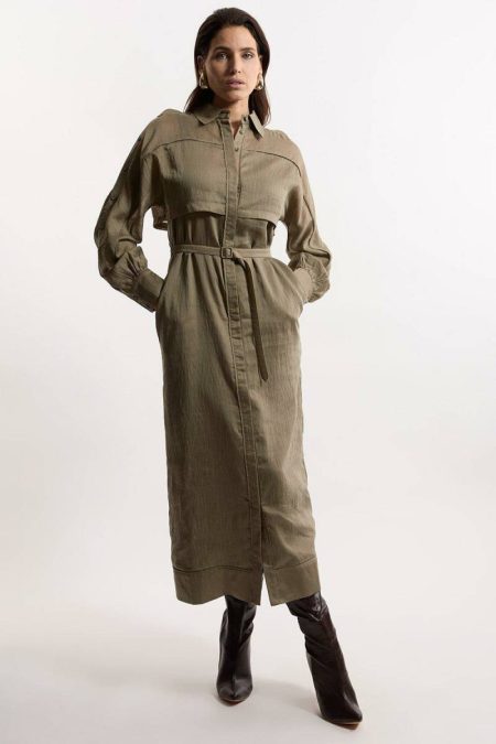 Tailoring Khaki Petite Long Sleeve Slub Woven Midaxi Dress Women Karen Millen