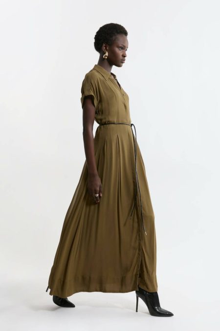 Tailoring Khaki Tall Pleated Woven Viscose Maxi Shirt Dress Women Karen Millen