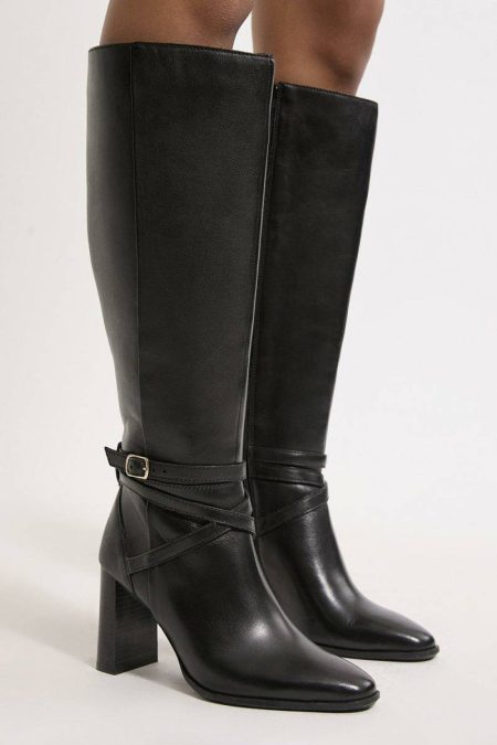 Tailoring Leather Heeled Buckle Detail Knee High Women Karen Millen Black