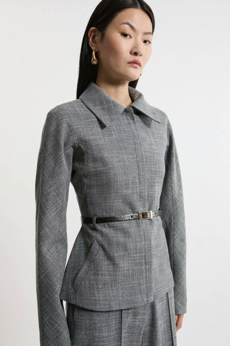 Tailoring Mono Texture Belted Collared Tailored Jacket Mono Women Karen Millen