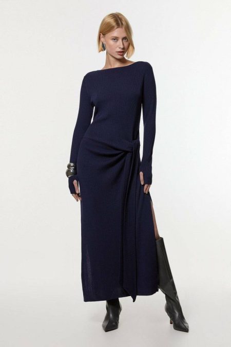Tailoring Navy Karen Millen Women Petite Wool Tencel Ribbed Knit Tie Detail Maxi Dress
