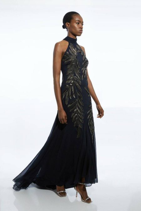 Tailoring Navy Women Halter Neck Feather Sequin Detail Woven Maxi Dress Karen Millen