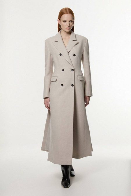 Tailoring Petite Italian Wool Mix Maxi Double Breasted Tailored Coat Women Karen Millen Oatmeal