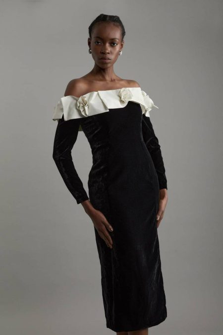 Tailoring Petite Velvet Off The Shoulder Bodycon Woven Midi Dress With Taffeta Rosette Karen Millen Black Women