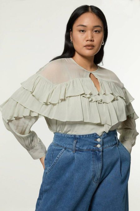 Tailoring Plus Size Drama Ruffle Viscose Georgette Woven Blouse Sage Karen Millen Women