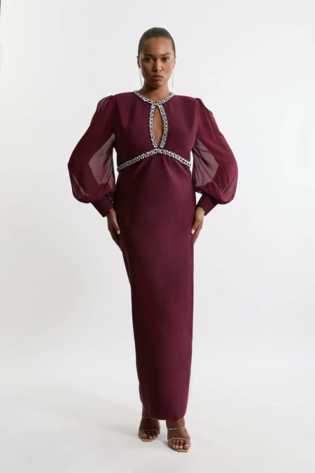 Tailoring Plus Size Embellished And Chiffon Sleeve Figure Form Knit Maxi Dress Women Karen Millen Burgundy