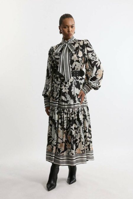 Tailoring Plus Size Floral Pleated Tie Neck Woven Midaxi Dress Women Karen Millen Floral