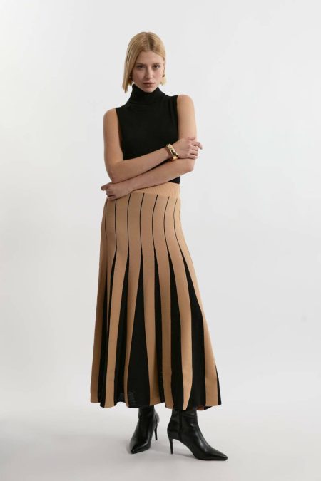 Tailoring Pointelle Knit Color Blocked Pleated Skirt Karen Millen Women Mono