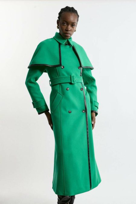 Tailoring Premium Italian Manteco Wool Pu Tipped Storm Flap Cape Full Skirted Tailored Midaxi Coat Emerald Women Karen Millen