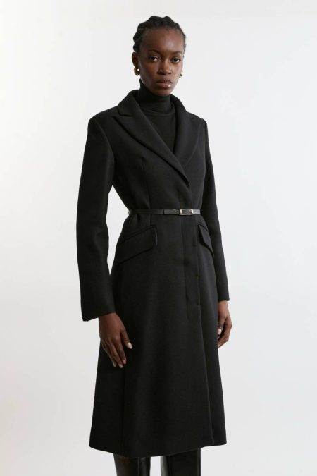 Tailoring Premium Italian Manteco Wool Single Breasted Belted Tailored Maxi Coat Women Ivory Karen Millen