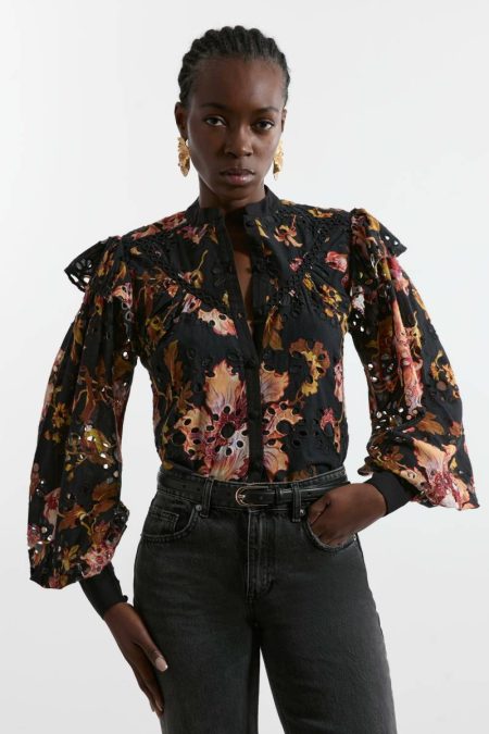 Tailoring Printed Eyelet Woven Blouse With Guipure Trim Karen Millen Women Floral
