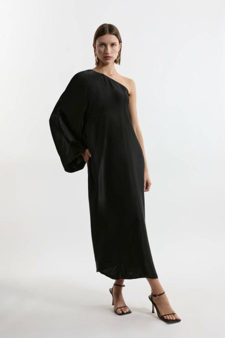 Tailoring Red Karen Millen One Shoulder Draped Satin Woven Maxi Dress Women