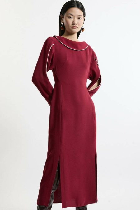 Tailoring Rose Karen Millen Soft Tailored Tipping Cowl Detail Sleeved Midi Dress Women
