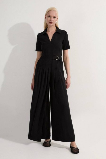 Tailoring Soft Tailored Pleated Belted Jumpsuit Karen Millen Ivory Women
