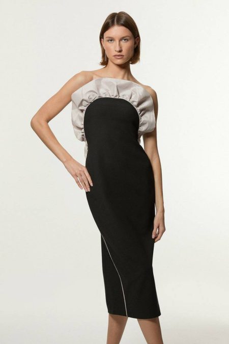 Tailoring Tall Ruffle Taffeta Stretch Crepe Bandeau Tailored Midi Dress Black Women Karen Millen
