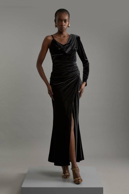 Tailoring Velvet Asymmetric One Shoulder Tailored Maxi Dress Karen Millen Women Black