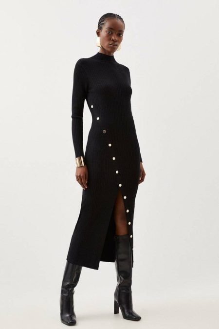 Tailoring Viscose Blend Popper Detail Split Knit Midi Dress Women Karen Millen Cream