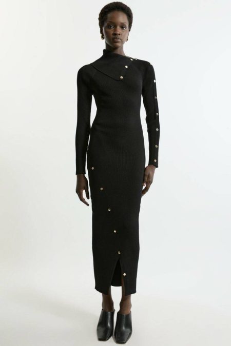 Tailoring Viscose Blend Rib Envelope Neck Knit Midi Dress Women Mushroom Karen Millen