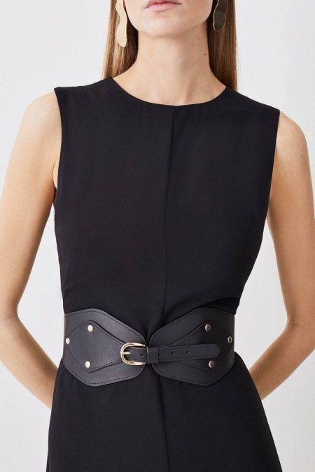 Tailoring Women Black Leather And Elastic Wide Waist Belt Karen Millen