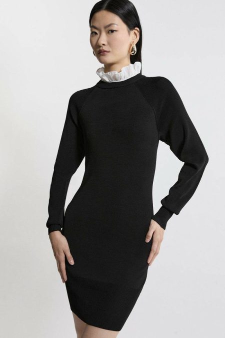 Tailoring Women Blue Karen Millen Premium Drape Knit Dress With Removable Woven Frill Collar