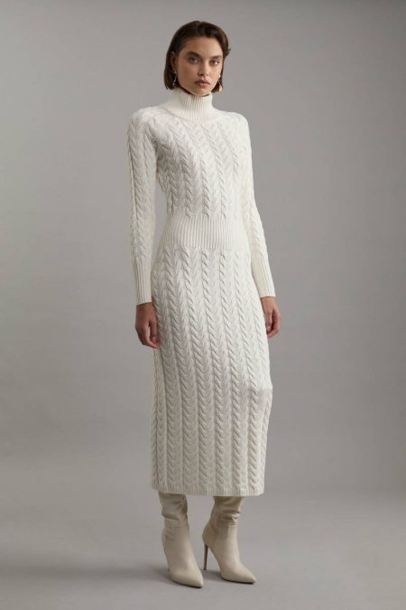 Tailoring Women Cable Knit Funnel Neck Maxi Dress Cream Karen Millen
