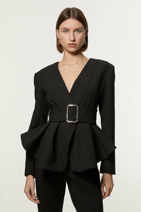 Tailoring Women Compact Stretch Belted Peplum Tailored Jacket Black Karen Millen