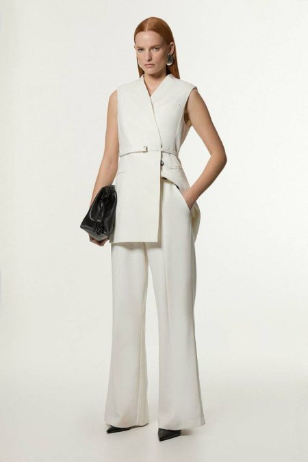 Tailoring Women Compact Stretch Tailored Straight Leg Pants Karen Millen Ivory