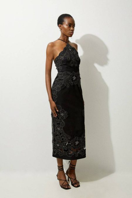 Tailoring Women Cotton Quilted Cutwork Beaded Woven Halter Midi Dress Black Karen Millen