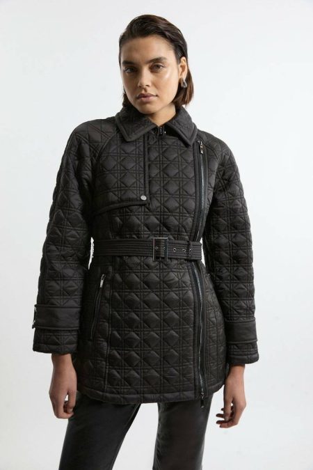 Tailoring Women Diamond Quilted Belted Short Puffer Trench Jacket Ivory Karen Millen