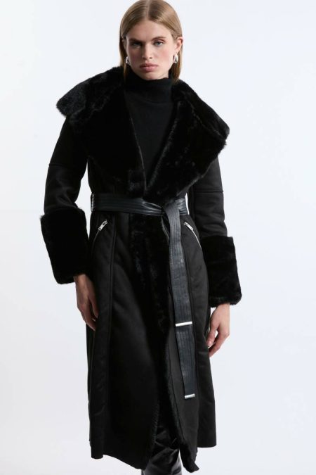 Tailoring Women Ivory Petite Faux Shearling Collar & Cuff Belted Long Coat Karen Millen